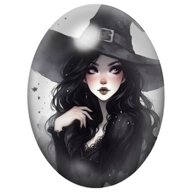 Cabochon en Verre Illustré Sorcière Brune en Portrait Noir et Blanc 13x18, 18x25 ou 30x40mm