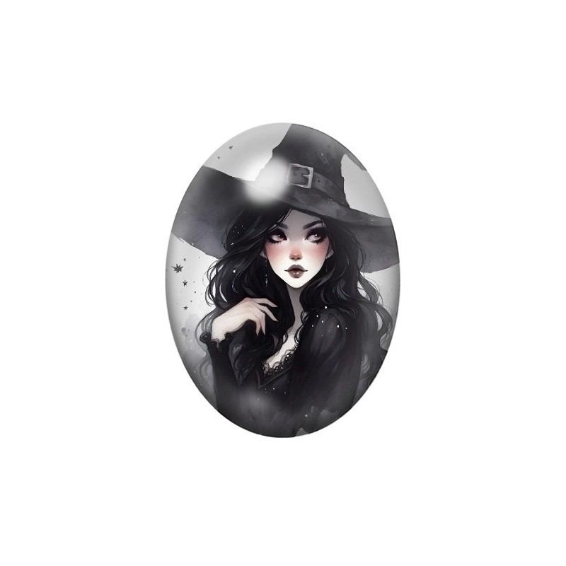 Cabochon en Verre Illustré Sorcière Halloween 13x18, 18x25 ou 30x40mm