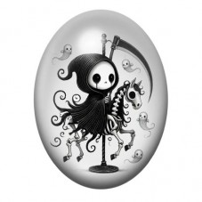 Cabochon en Verre Illustré Petite Faucheuse sur un Manège Squelette 13x18, 18x25 ou 30x40mm pour la création de bijoux fantaisie