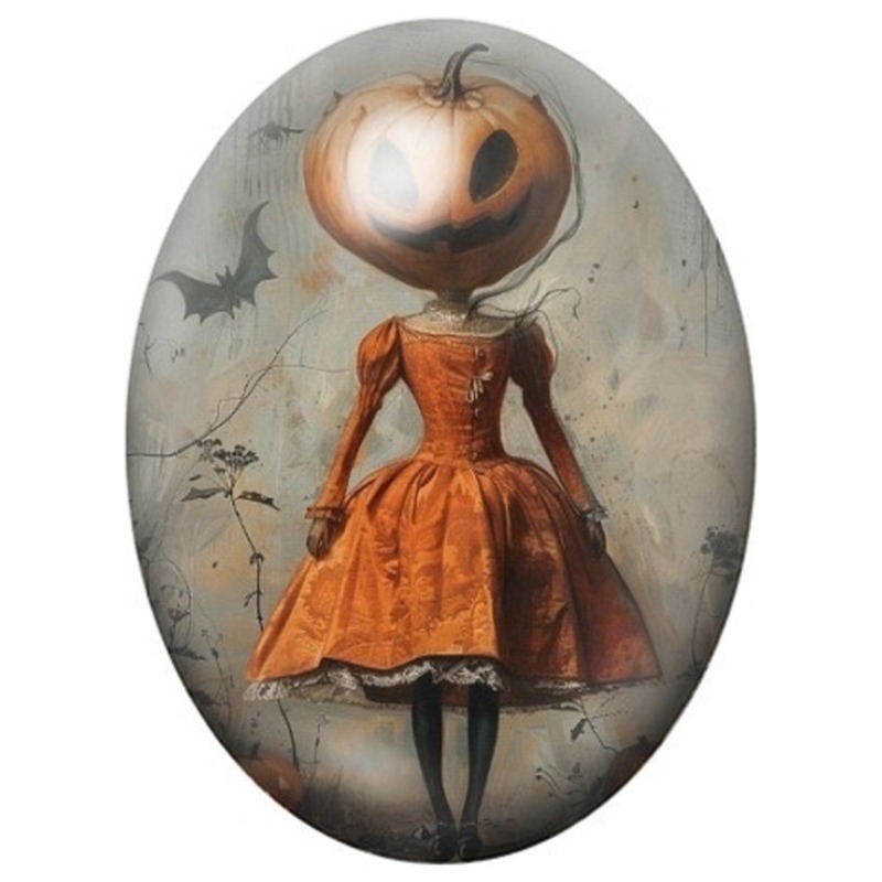 Cabochon en Verre Illustré Femme Citrouille en Robe Orange 13x18, 18x25 ou 30x40mm