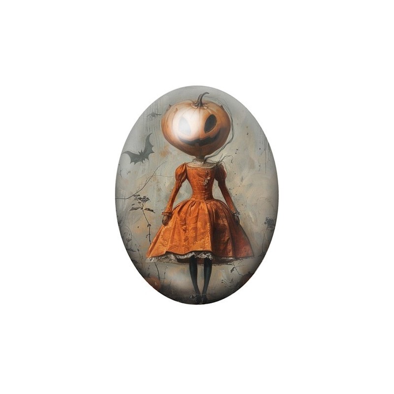 Cabochon en Verre Illustré Femme Citrouille Halloween 13x18, 18x25 ou 30x40mm