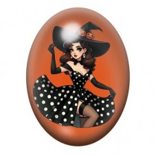 Cabochon en Verre Illustré Pin-Up Sorcière en Robe à Pois sur Fond Orange 13x18, 18x25 ou 30x40mm pour la création de bijoux fan