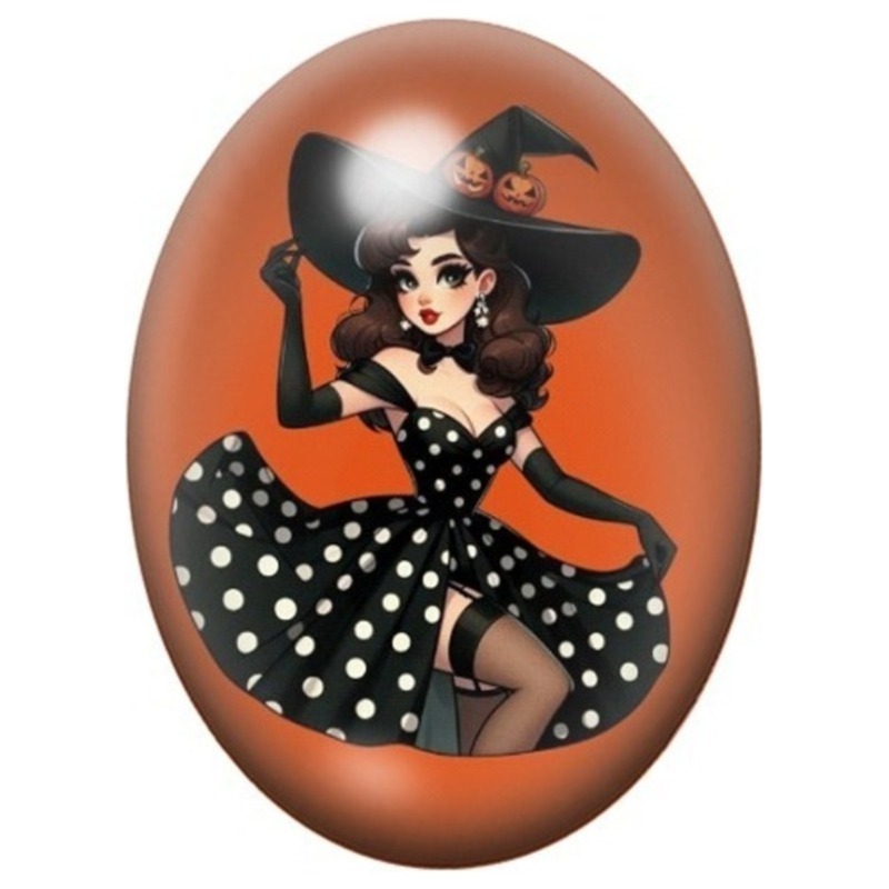 Cabochon en Verre Illustré Pin-Up Sorcière en Robe à Pois sur Fond Orange 13x18, 18x25 ou 30x40mm