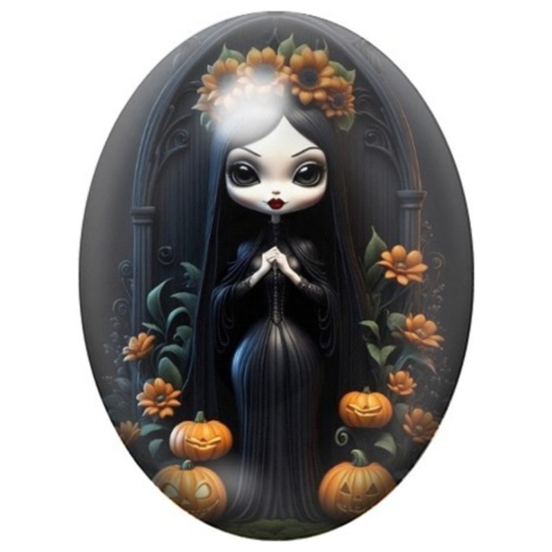 Cabochon en Verre Illustré Petite Femme Fantôme dans un Cadre aux Citrouilles 13x18, 18x25 ou 30x40mm