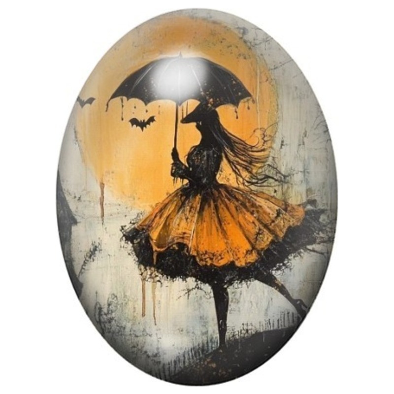 Cabochon en Verre Illustré Silhouette de Sorcière en Robe Orange Aquarelle 13x18, 18x25 ou 30x40mm