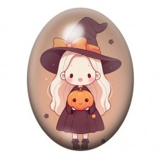 Cabochon en Verre Illustré Petite Fille Kawaii au Chapeau Violet et à la Citrouille 13x18, 18x25 ou 30x40mm pour la création de 