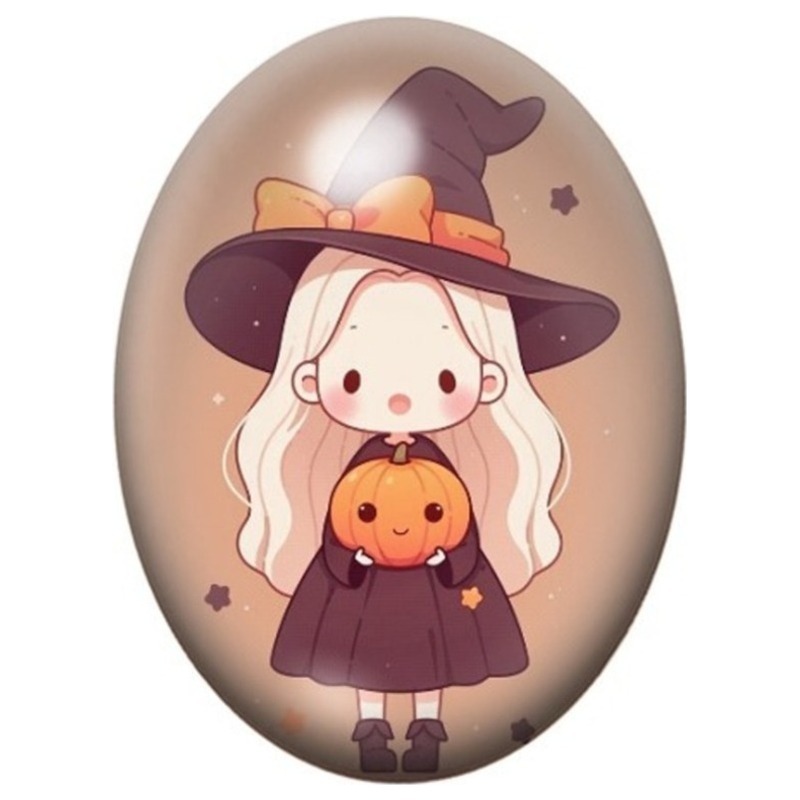 Cabochon en Verre Illustré Petite Fille Kawaii au Chapeau Violet et à la Citrouille 13x18, 18x25 ou 30x40mm