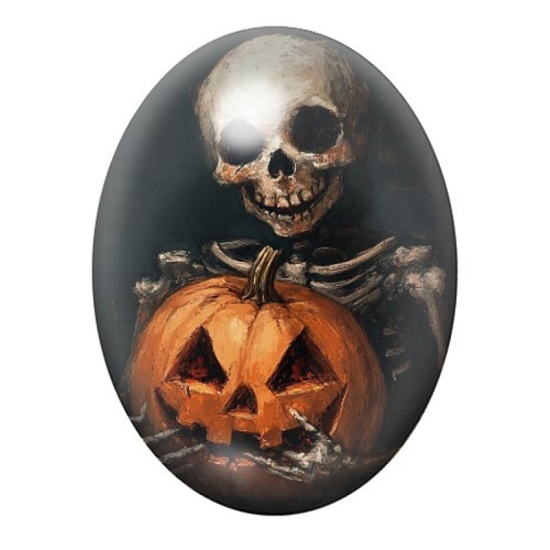 Cabochon en Verre Illustré Squelette Citrouille Halloween 13x18, 18x25 ou 30x40mm