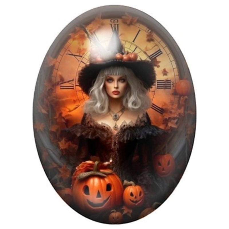 Cabochon en Verre Illustré Sorcière Steampunk aux Citrouilles 13x18, 18x25 ou 30x40mm