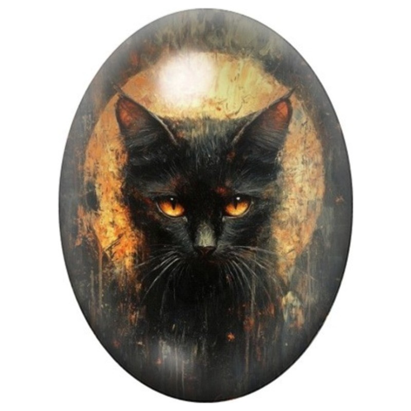 Cabochon en Verre Illustré Chat Noir aux Yeux Orange 13x18, 18x25 ou 30x40mm