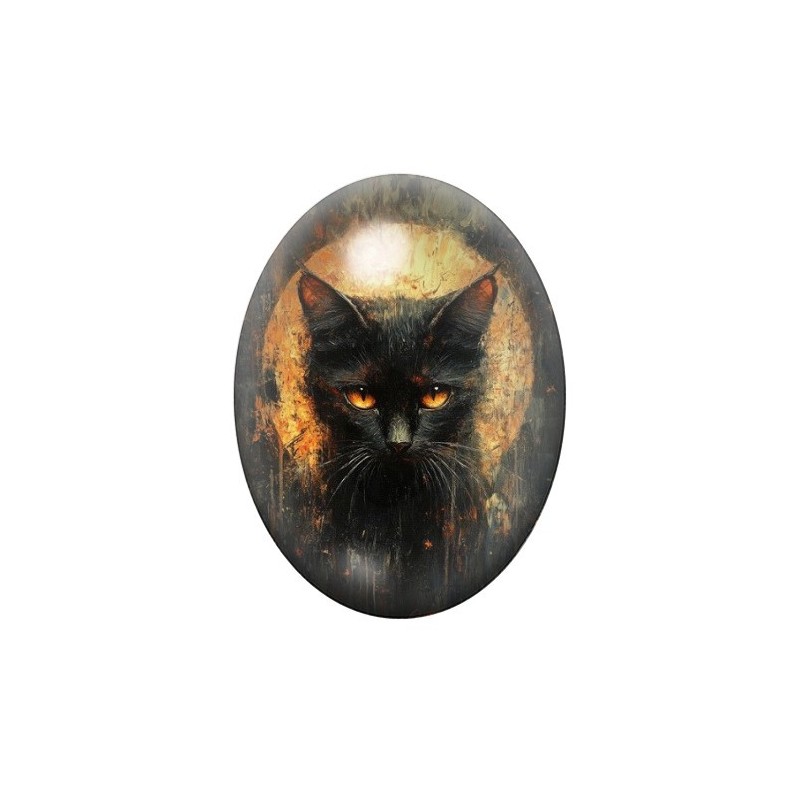 Cabochon en Verre Illustré Chat Noir Lune Halloween 13x18, 18x25 ou 30x40mm