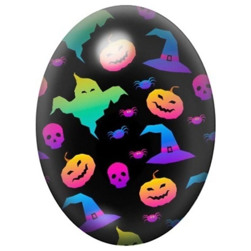 Cabochon en Verre Illustré Motif Halloween Fluo aux Chapeaux et Citrouilles 13x18, 18x25 ou 30x40mm