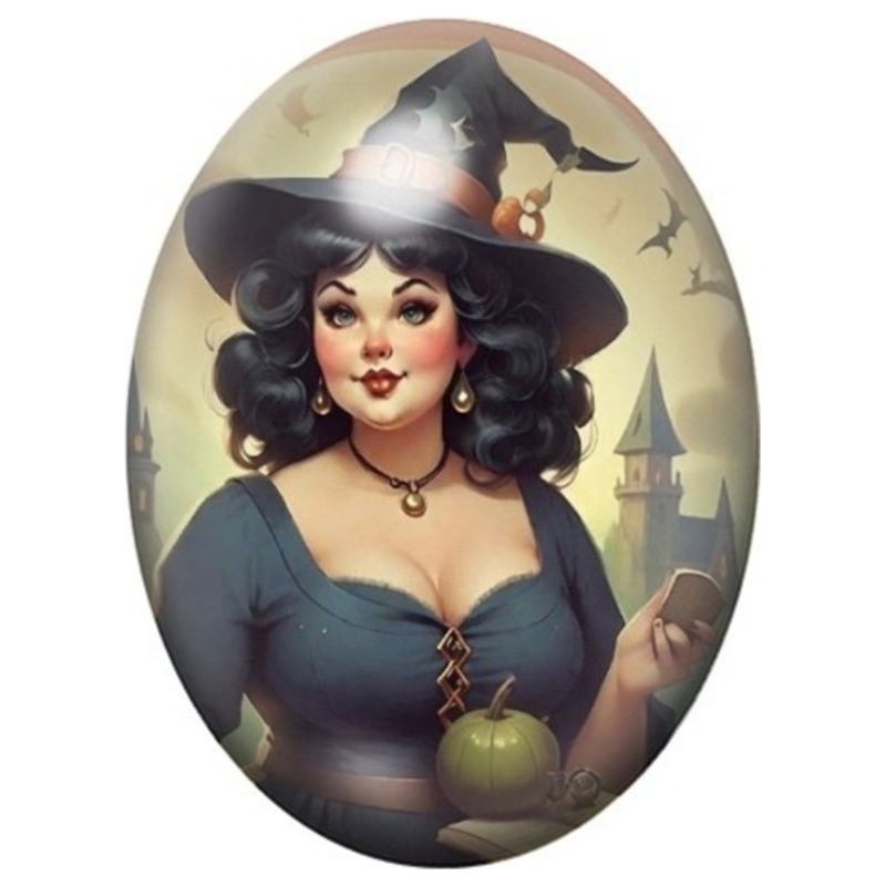 Cabochon en Verre Illustré Pin-Up Sorcière tenant une Pomme Verte 13x18, 18x25 ou 30x40mm
