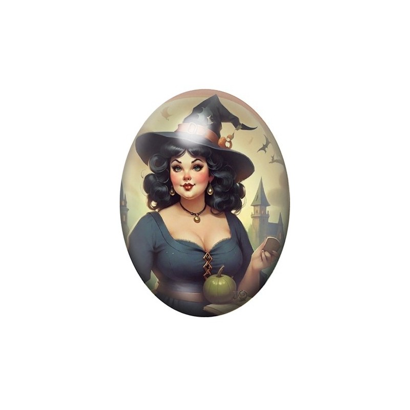 Cabochon en Verre Illustré Sorcière Halloween 13x18, 18x25 ou 30x40mm