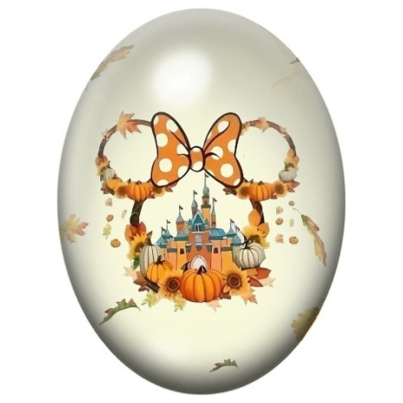 Cabochon en Verre Illustré Grand Nœud Orange devant Château et Citrouilles 13x18, 18x25 ou 30x40mm