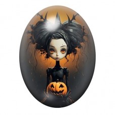 Cabochon en Verre Illustré Petite Sorcière aux Cheveux Noirs et à la Citrouille 13x18, 18x25 ou 30x40mm pour la création de bijo