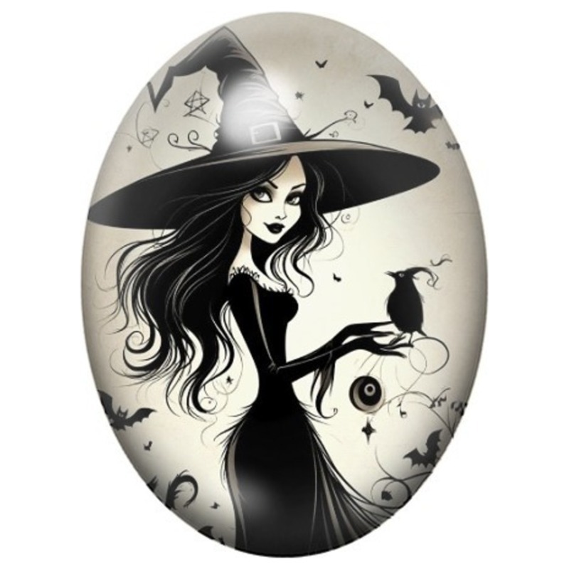 Cabochon en Verre Illustré Sorcière au Corbeau en Noir et Blanc 13x18, 18x25 ou 30x40mm
