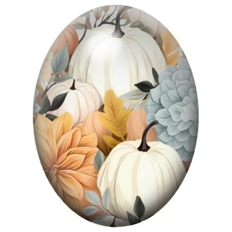 Cabochon en Verre Illustré Citrouilles Blanches aux Fleurs d’Automne 13x18, 18x25 ou 30x40mm
