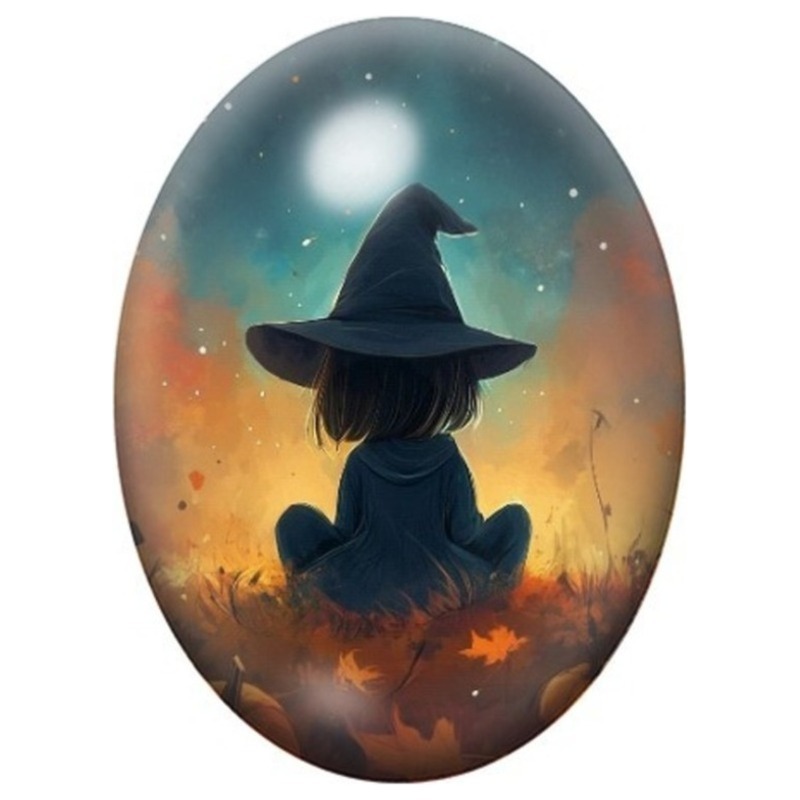 Cabochon en Verre Illustré Petite Sorcière assise devant un Ciel Orange 13x18, 18x25 ou 30x40mm