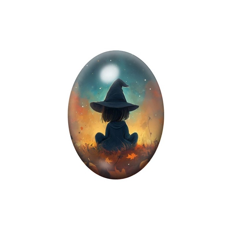 Cabochon en Verre Illustré Sorcière Halloween 13x18, 18x25 ou 30x40mm