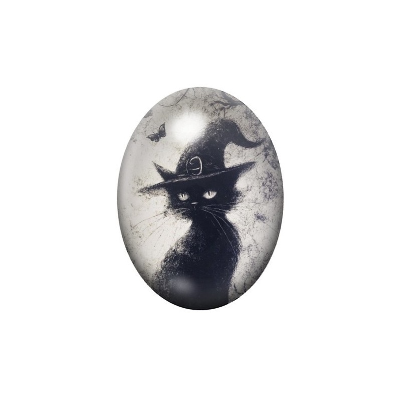 Cabochon en Verre Illustré Chat Noir Halloween 13x18, 18x25 ou 30x40mm