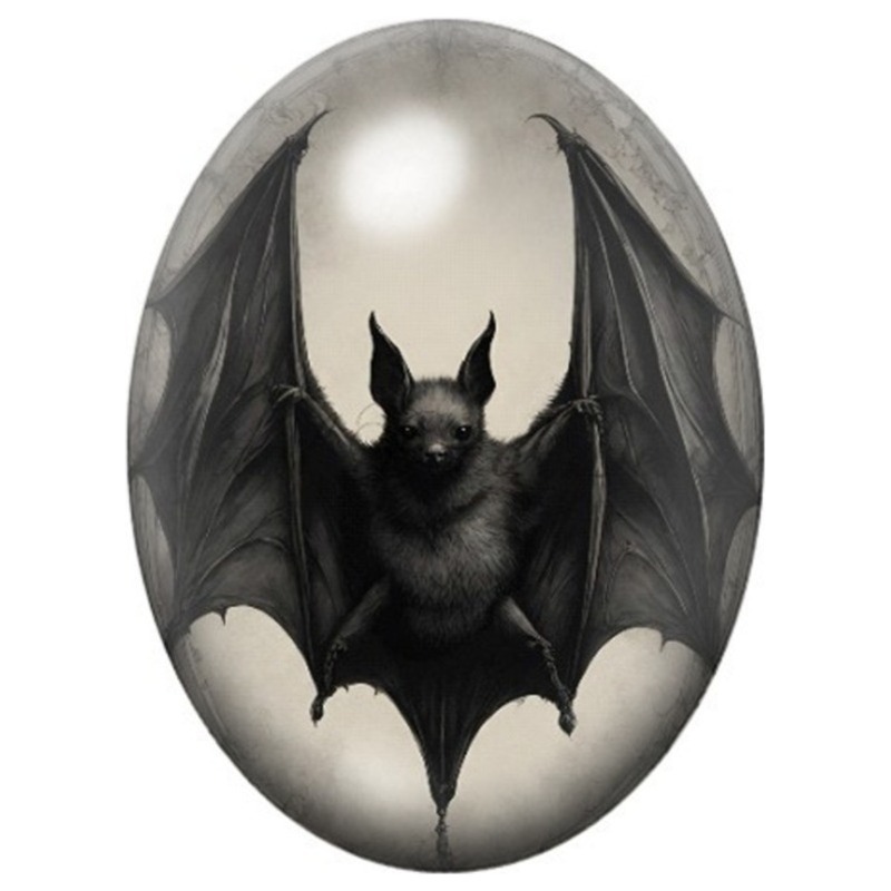 Cabochon en Verre Illustré Grande Chauve-Souris Noire aux Ailes Déployées 13x18, 18x25 ou 30x40mm