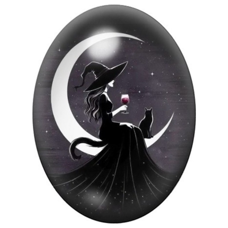 Cabochon en Verre Illustré Sorcière assise sur un Croissant de Lune 13x18, 18x25 ou 30x40mm