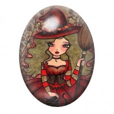 Cabochon en Verre Illustré Sorcière Rétro au Balai en Robe Rouge 13x18, 18x25 ou 30x40mm pour la création de bijoux fantaisie - 