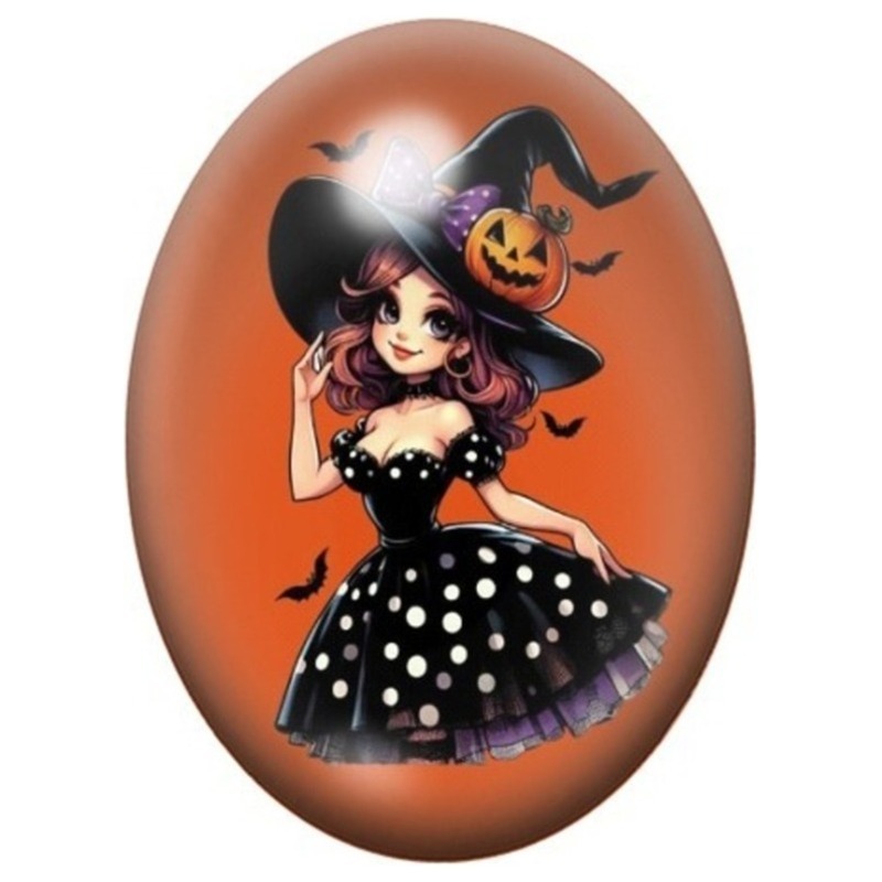 Cabochon en Verre Illustré Pin-Up Sorcière au Chapeau Citrouille 13x18, 18x25 ou 30x40mm