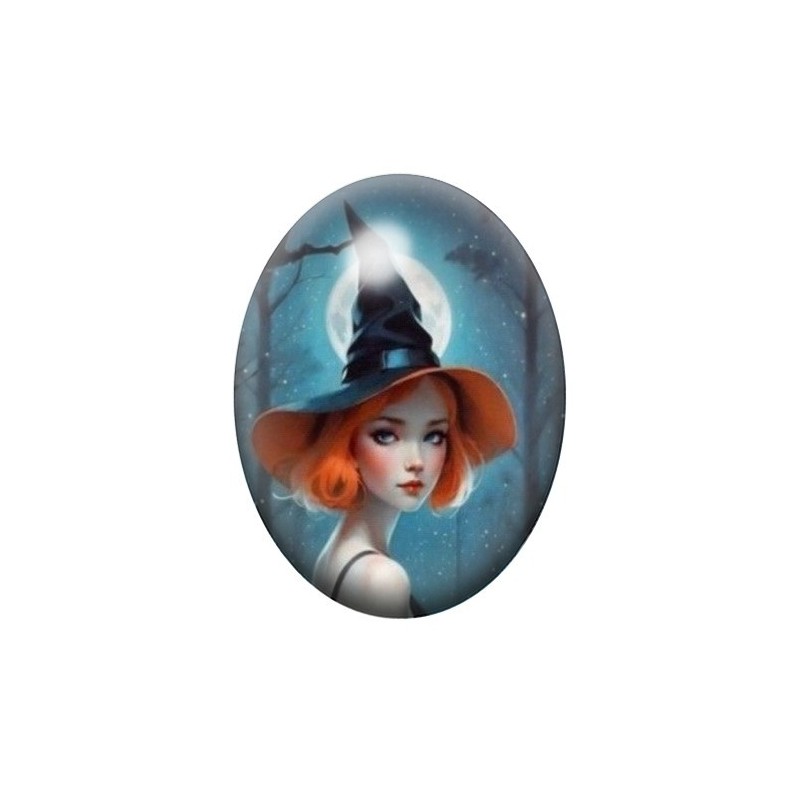 Cabochon en Verre Illustré Sorcière Halloween 13x18, 18x25 ou 30x40mm