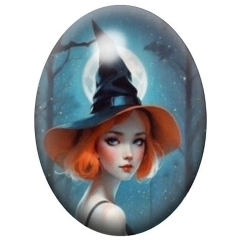 Cabochon en Verre Illustré Sorcière Rousse sous la Lune Bleue 13x18, 18x25 ou 30x40mm