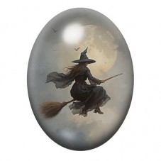 Cabochon en Verre Illustré Sorcière volant sur un Balai dans la Brume 13x18, 18x25 ou 30x40mm pour la création de bijoux fantais