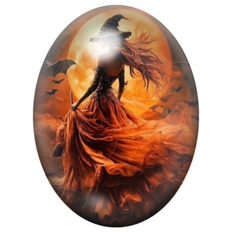 Cabochon en Verre Illustré Sorcière en Robe Orange au Vent 13x18, 18x25 ou 30x40mm