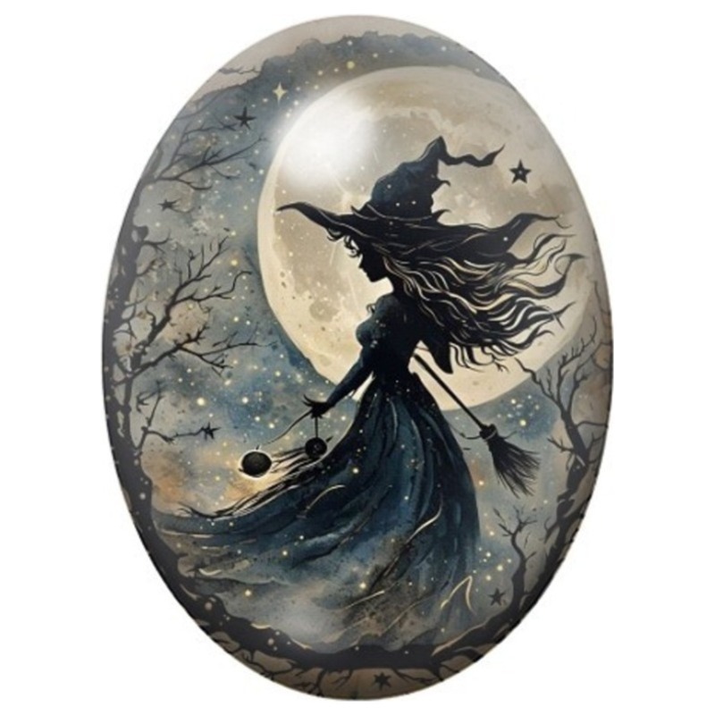 Cabochon en Verre Illustré Sorcière volant devant la Pleine Lune 13x18, 18x25 ou 30x40mm