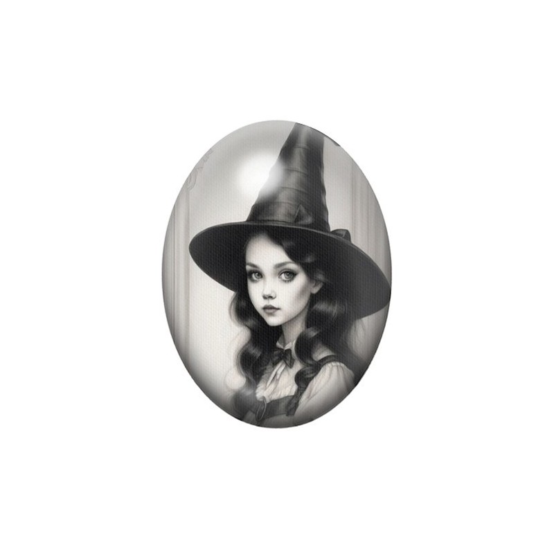 Cabochon en Verre Illustré Sorcière Halloween 13x18, 18x25 ou 30x40mmCabochon en Verre Illustré Sorcière Halloween 13x18, 18x25 