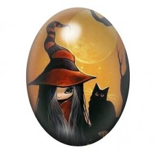 Cabochon en Verre Illustré Sorcière et Chat Noir sous la Lune 13x18, 18x25 ou 30x40mm pour la création de bijoux fantaisie - DIY