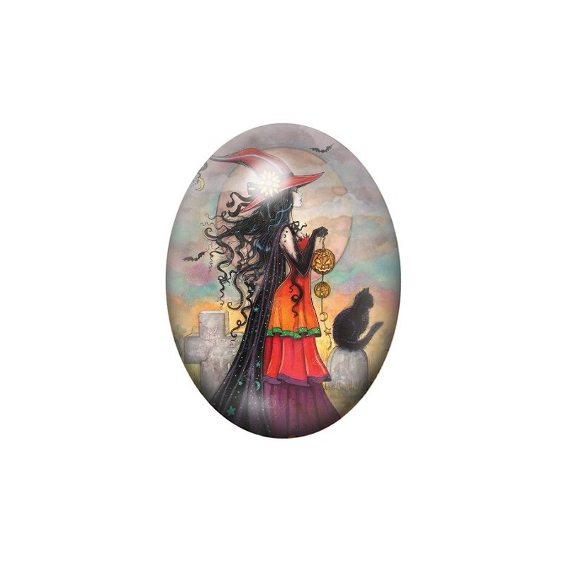 Cabochon en Verre Illustré Sorcière Halloween 13x18, 18x25 ou 30x40mm