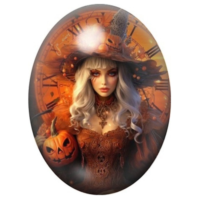 Cabochon en Verre Illustré Sorcière Blonde devant l’Horloge 13x18, 18x25 ou 30x40mm