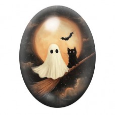 Cabochon en Verre Illustré Fantôme et Chat Noir sur un Balai 13x18, 18x25 ou 30x40mm pour la création de bijoux fantaisie - DIY