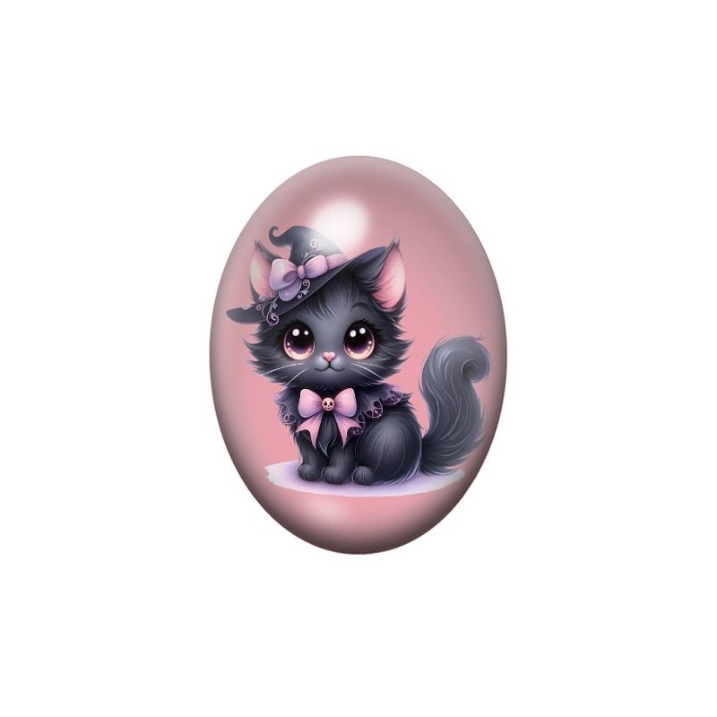 Cabochon en Verre Illustré Chat Noir Halloween 13x18, 18x25 ou 30x40mm