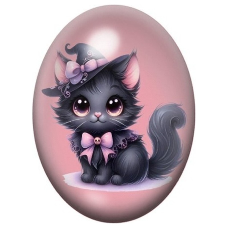 Cabochon en Verre Illustré Chaton Sorcier Rose Kawaii 13x18, 18x25 ou 30x40mm