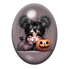 Cabochon en Verre Illustré Petite Fille Gothique à la Citrouille 13x18, 18x25 ou 30x40mm pour la création de bijoux fantaisie - 