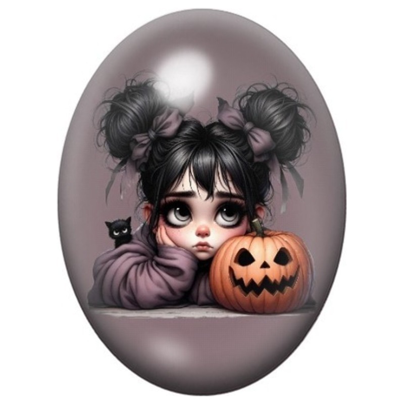 Cabochon en Verre Illustré Petite Fille Gothique à la Citrouille 13x18, 18x25 ou 30x40mm