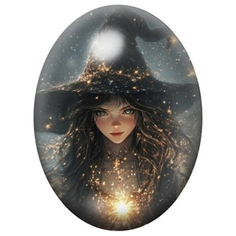 Cabochon en Verre Illustré Sorcière à la Lueur des Étoiles 13x18, 18x25 ou 30x40mm