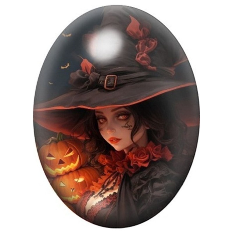 Cabochon en Verre Illustré Sorcière Rousse à la Citrouille Lumineuse 13x18, 18x25 ou 30x40mm