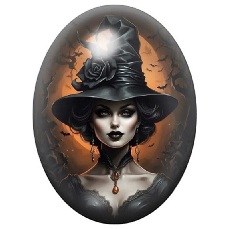Cabochon en Verre Illustré Sorcière Gothique à la Rose Noire 13x18, 18x25 ou 30x40mm