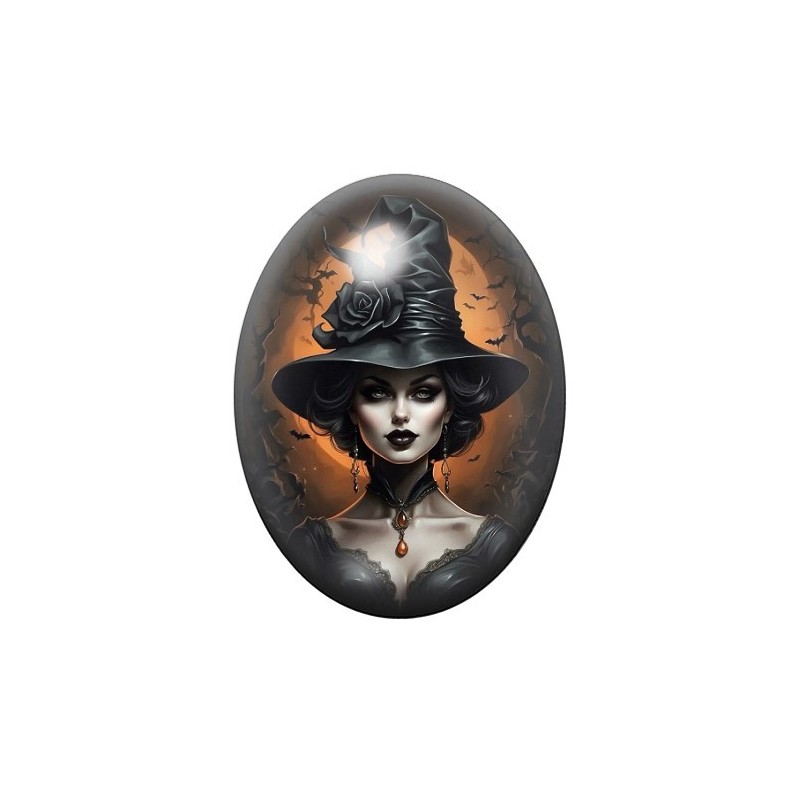 Cabochon en Verre Illustré Sorcière Halloween 13x18, 18x25 ou 30x40mm