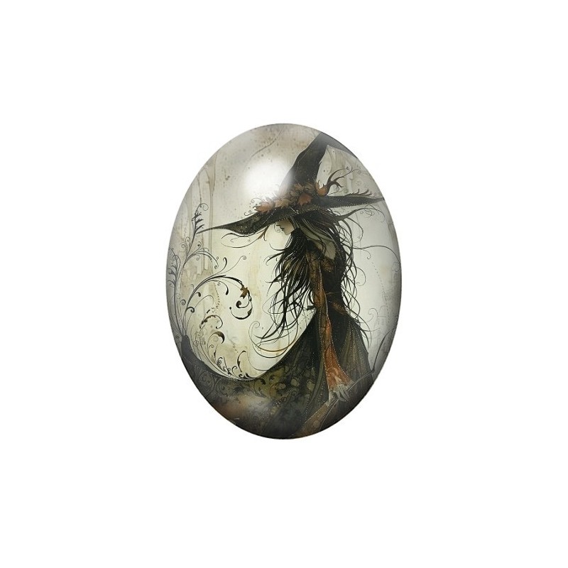 Cabochon en Verre Illustré Sorcière Halloween 13x18, 18x25 ou 30x40mm