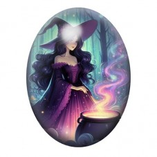 Cabochon en Verre Illustré Sorcière Violette au Chaudron Magique 13x18, 18x25 ou 30x40mm pour la création de bijoux fantaisie - 