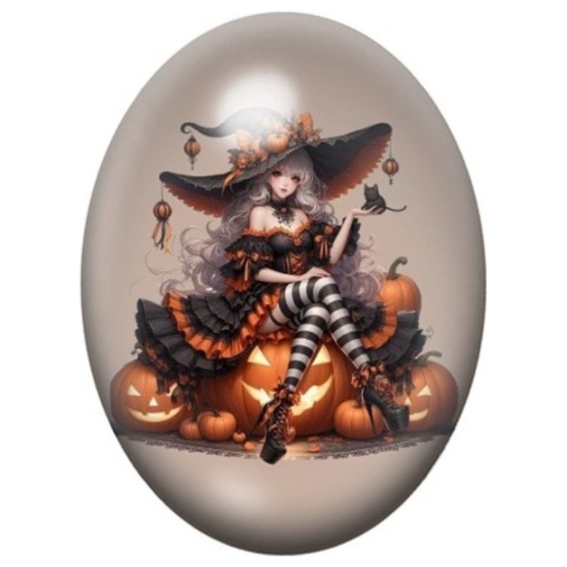 Cabochon en Verre Illustré Sorcière d’Halloween assise sur des Citrouilles 13x18, 18x25 ou 30x40mm